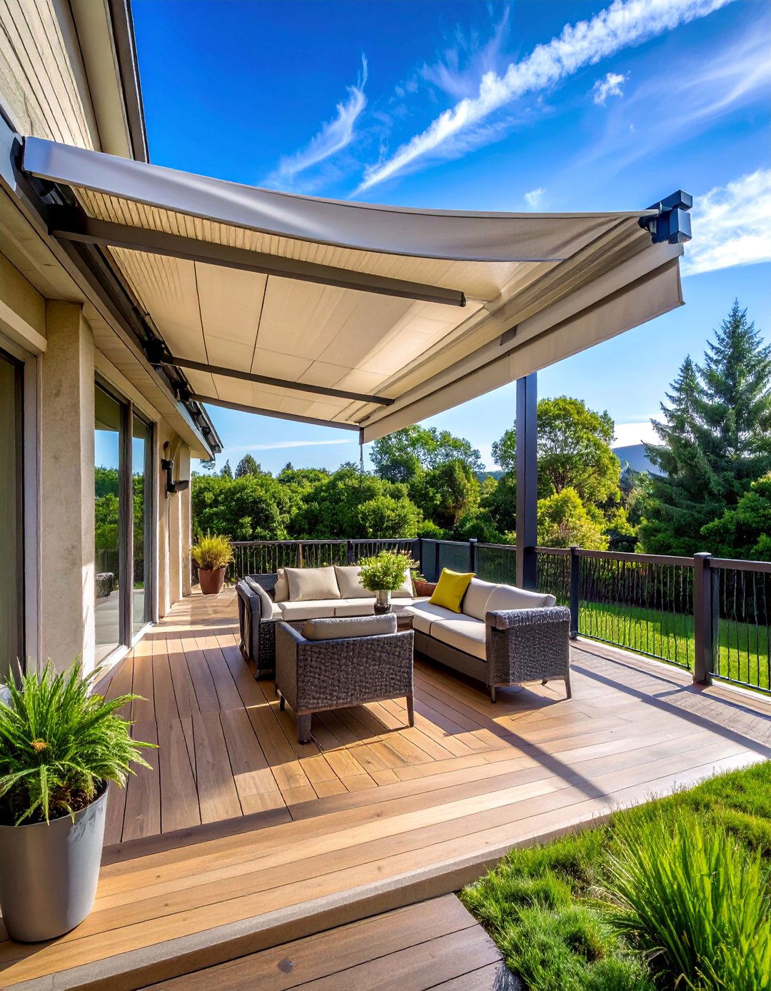 Motorized Awning Extension - 30 Partially Covered Deck Ideas for Year-Round Enjoyment