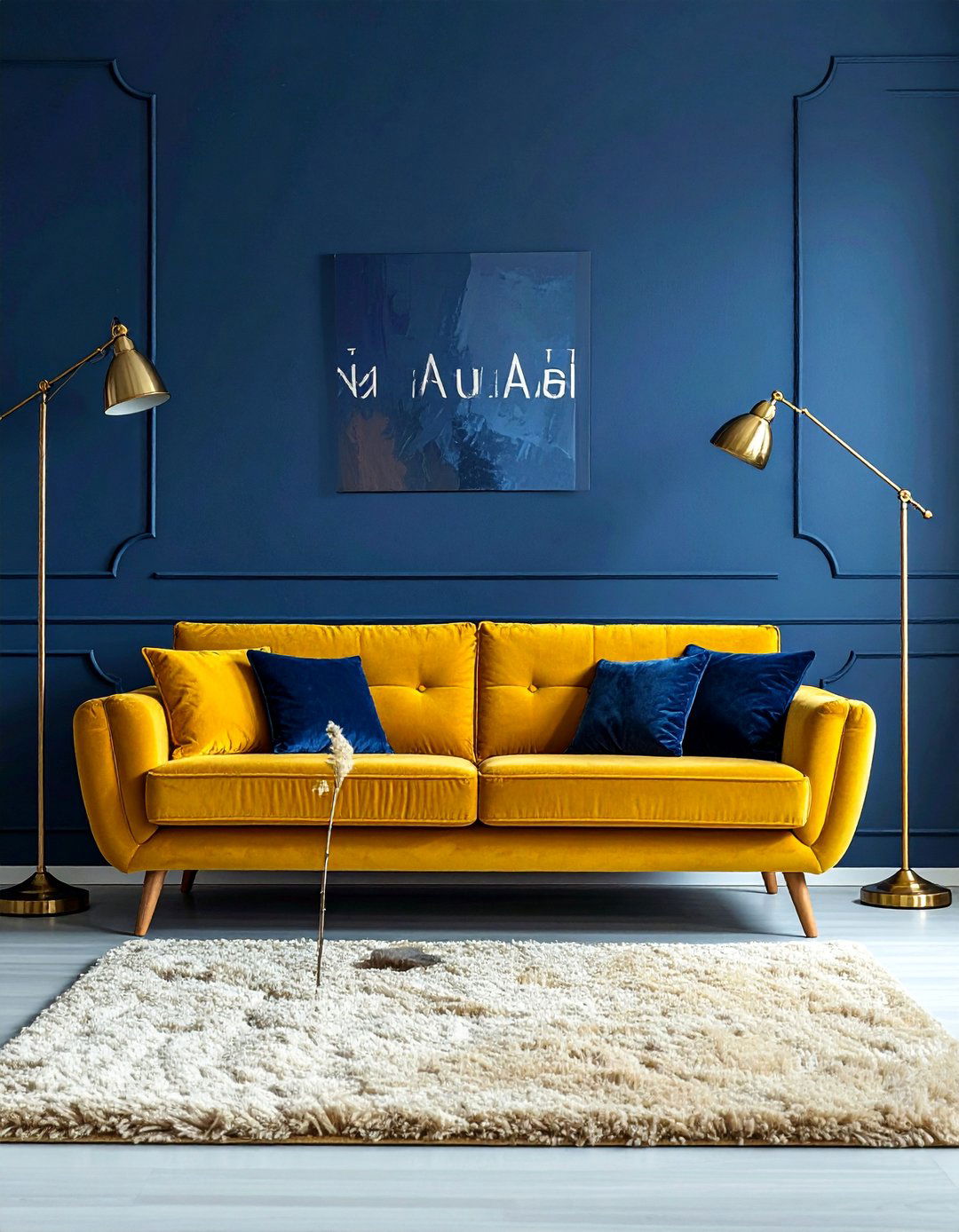 Mustard Yellow Sofa with Navy Blue Walls - 15 Yellow and Blue Living Room Ideas for Cheer