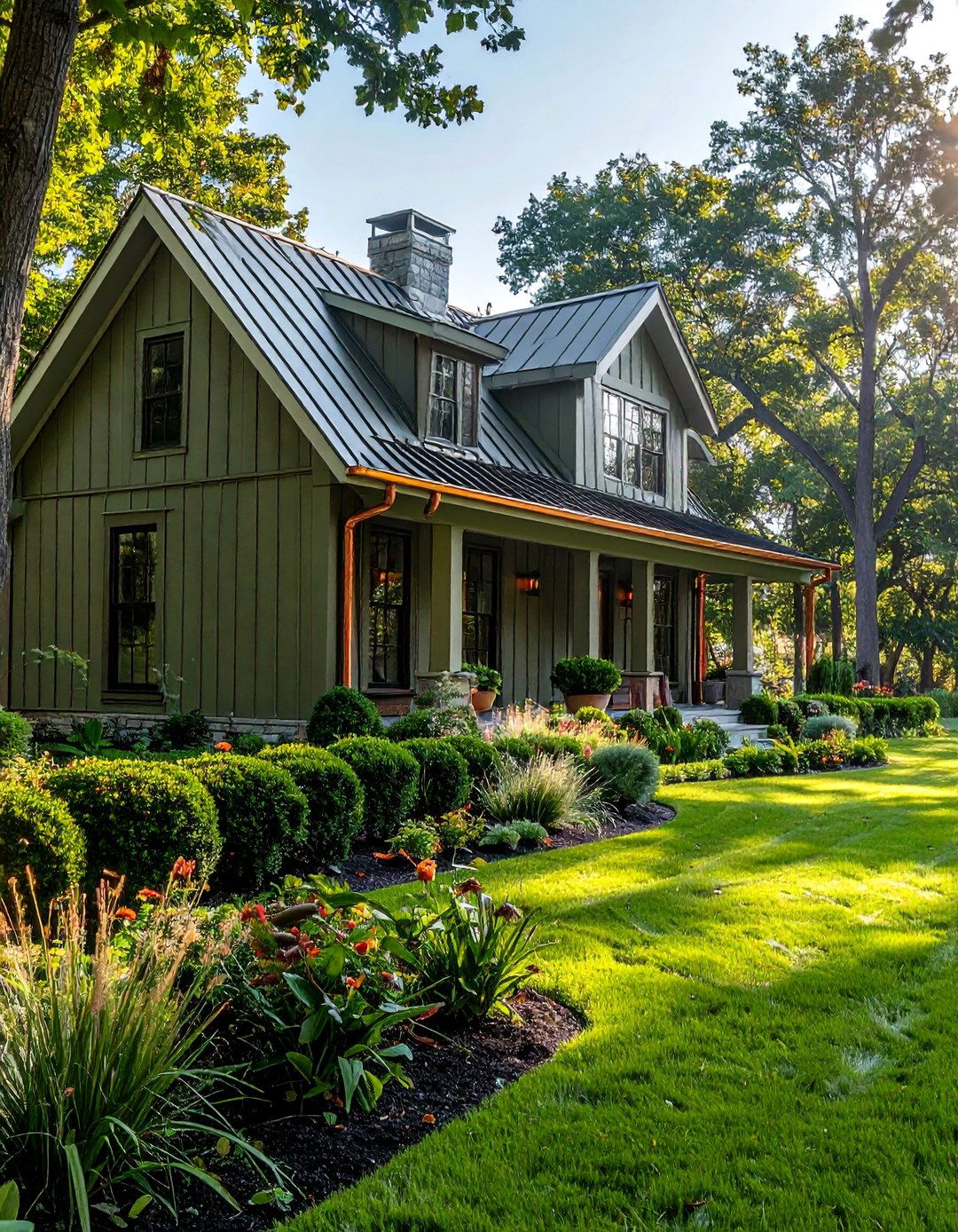 Muted Green Farmhouse with Copper Gutters - 25 Farmhouse Green Exterior Home Ideas for Curb Appeal