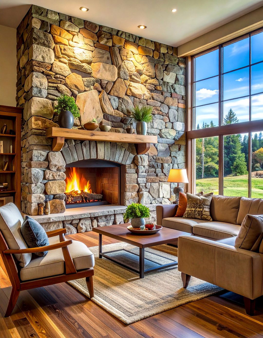 Natural Fieldstone Country Fireplace - 25 Stunning Two-Story Fireplace Design Ideas