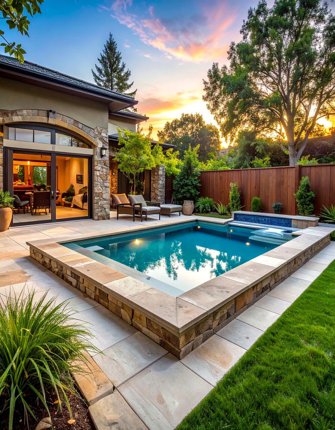 Natural Stone Accent Design - 20 Rectangle Pool With Hot Tub Designs for Backyards