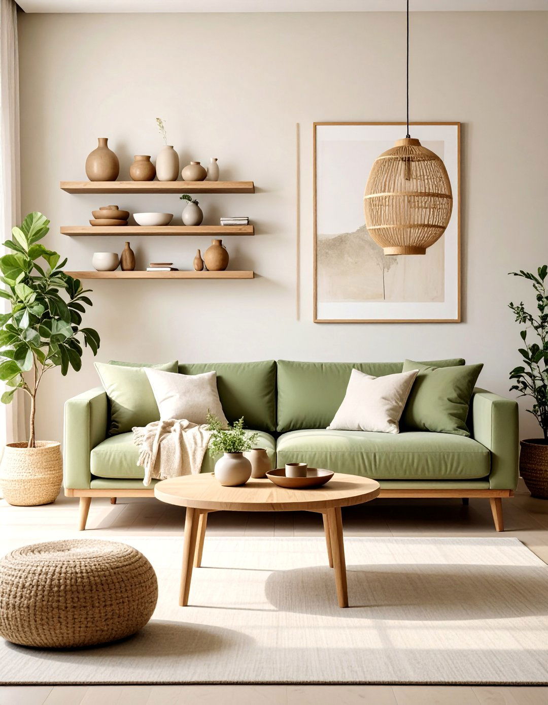 Natural Wood Accents - 25 Sage Green and Cream Living Room Ideas