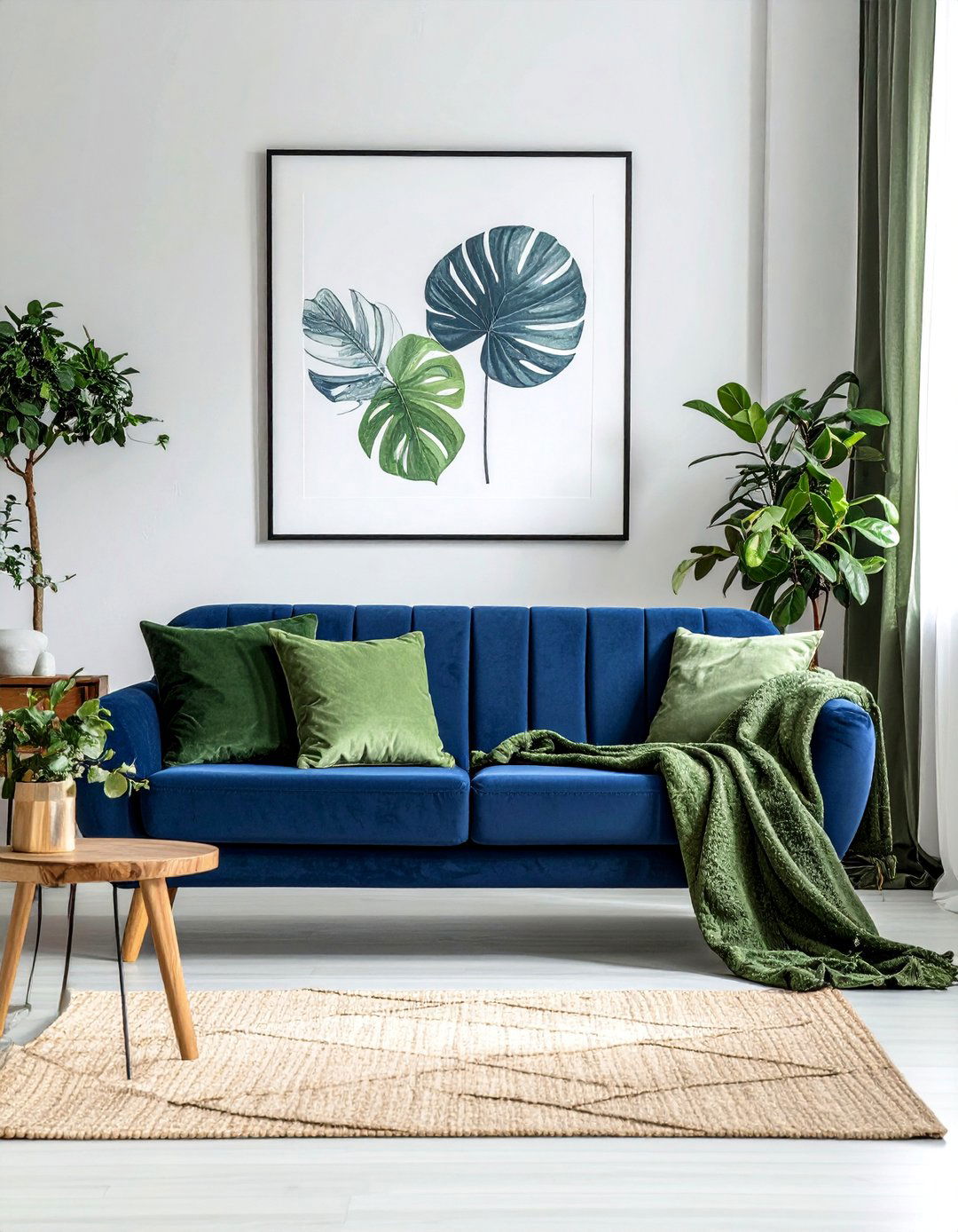 Navy Blue Sofa with Olive Green Accents - 20 Blue and Green Living Room Ideas for a Fresh Look