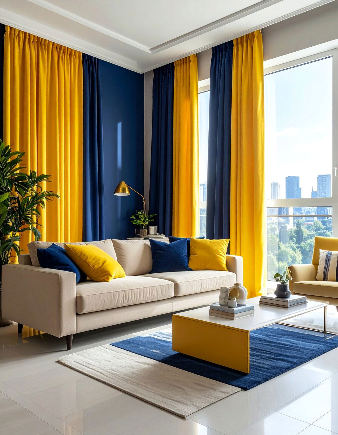 Navy Blue and Yellow Striped Curtains - 15 Yellow and Blue Living Room Ideas for Cheer