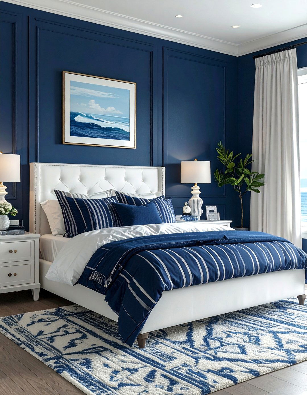 Navy and Crisp White Nautical Ocean themed Bedroom - 40 Ocean-themed Bedroom Ideas for a Serene Retreat