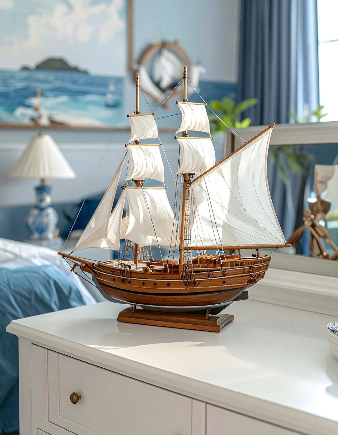 Ocean themed Bedroom with Model Sailboats - 40 Ocean-themed Bedroom Ideas for a Serene Retreat