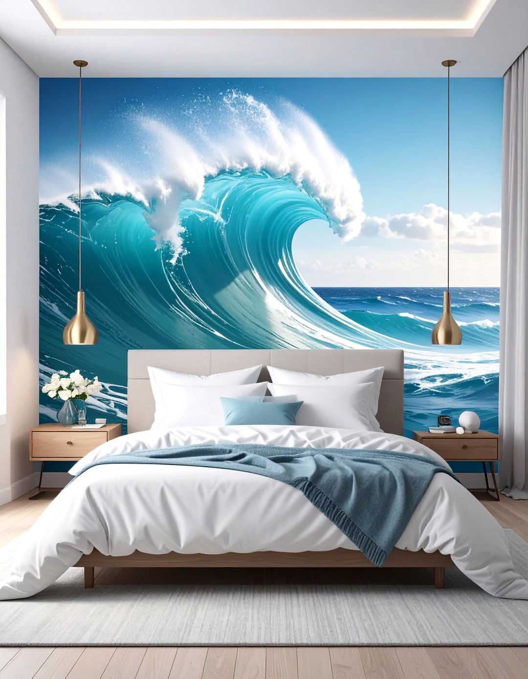 Ocean themed Bedroom with Wave Inspired Wall Mural - 40 Ocean-themed Bedroom Ideas for a Serene Retreat