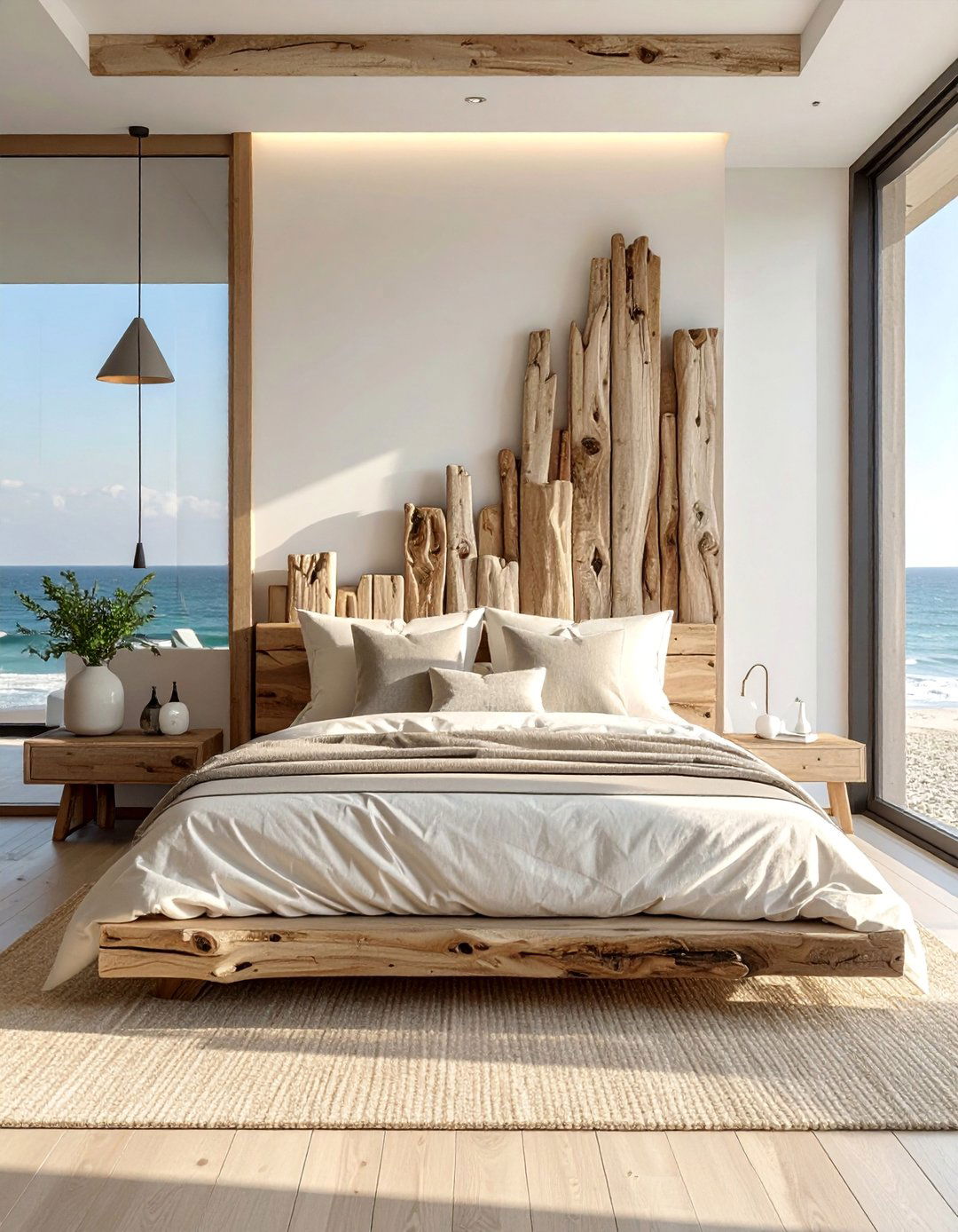 Ocean themed Bedroom with a Driftwood Headboard - 40 Ocean-themed Bedroom Ideas for a Serene Retreat