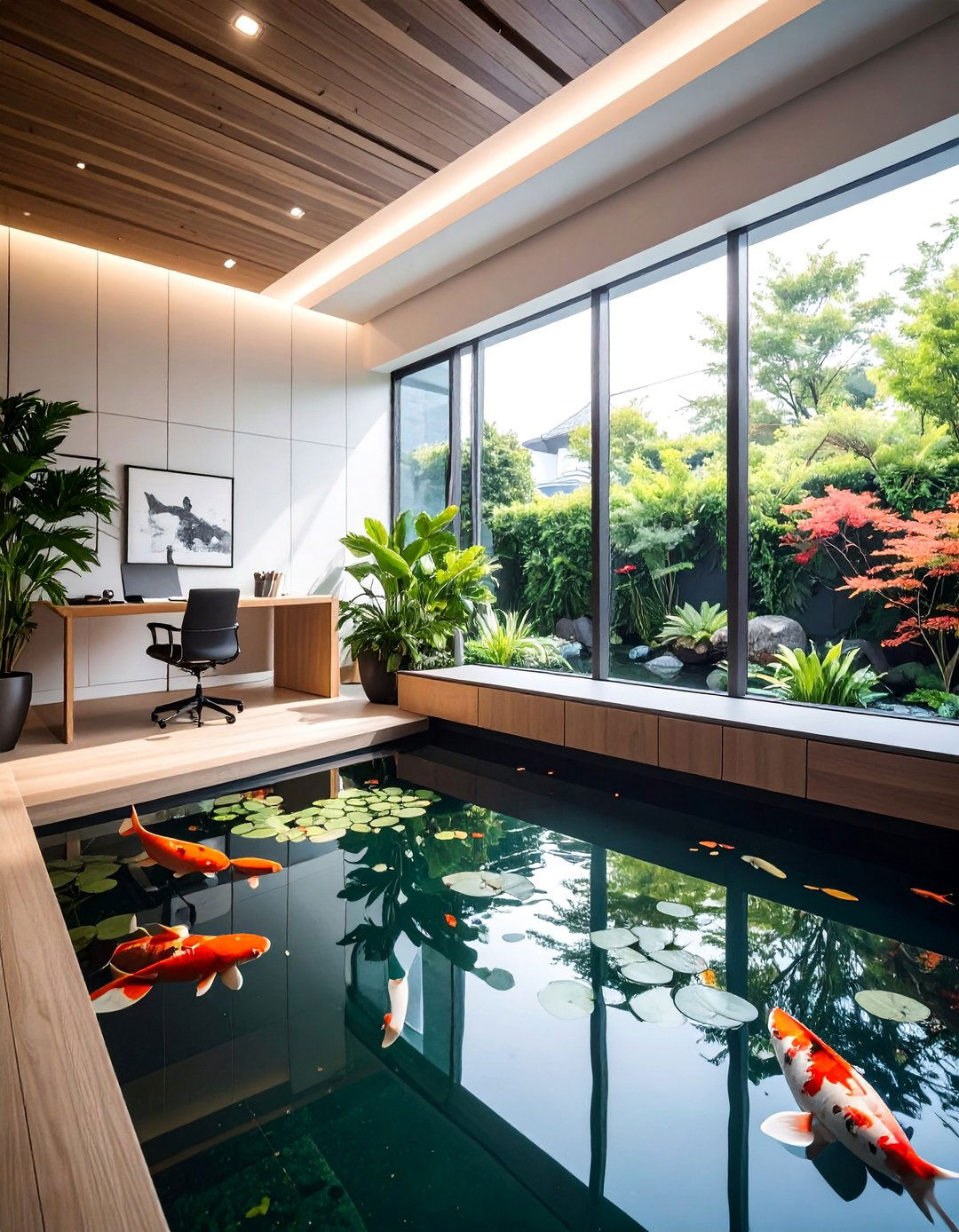 Office Workspace Koi Pond - 20 Indoor Koi Pond Ideas for a Tranquil Home Environment