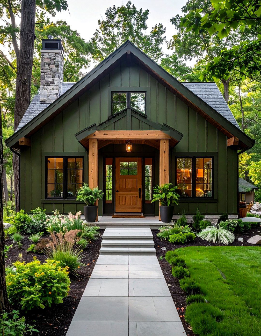 Olive Green Farmhouse Siding with Wood Accents - 25 Farmhouse Green Exterior Home Ideas for Curb Appeal