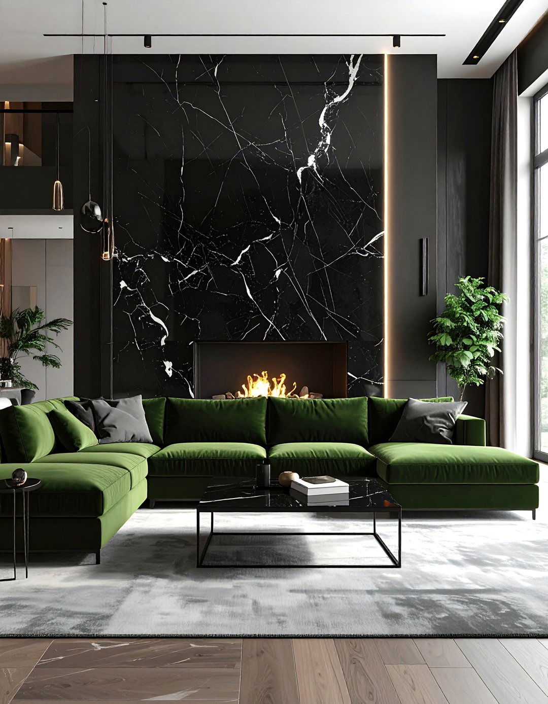 Olive Green Furniture with a Black Marble Fireplace - 30 Black and Green Living Room Ideas for a Luxe Feel