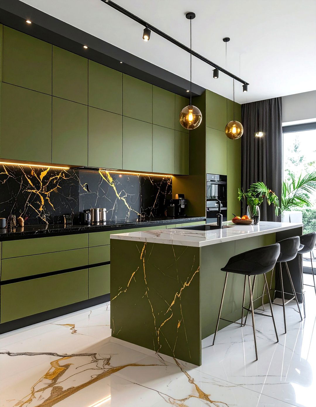 Olive Green Lower Cabinets with a Black Marble Backsplash - 30 Black and Green Kitchen Ideas for a Modern Twist