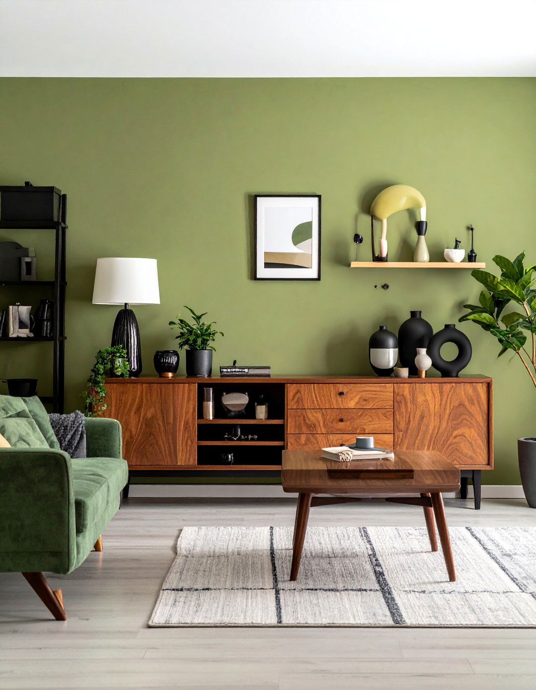 Olive Green Walls with Dark Wood and Black Decor - 30 Black and Green Living Room Ideas for a Luxe Feel