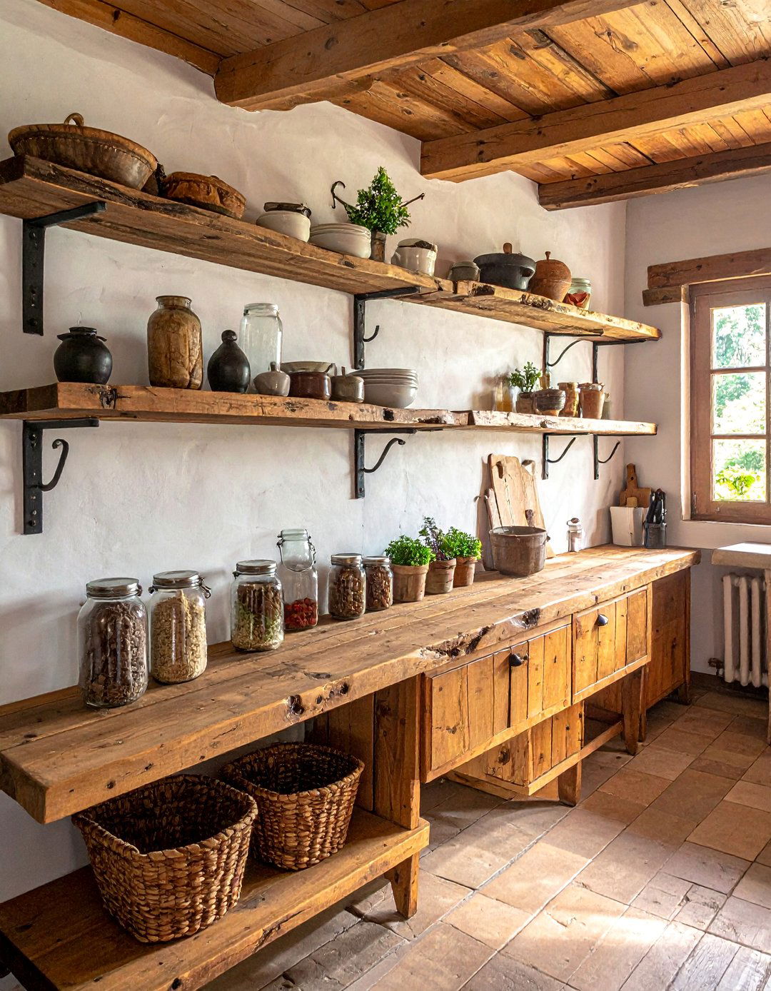 Open Shelving Storage Solutions - 20 Primitive Kitchen Ideas for a Rustic and Cozy Feel