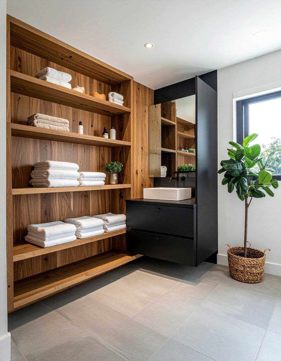 Open Shelving with Black Bathroom Cabinets - 25 Bathroom With Black Cabinets Ideas for a Bold Look
