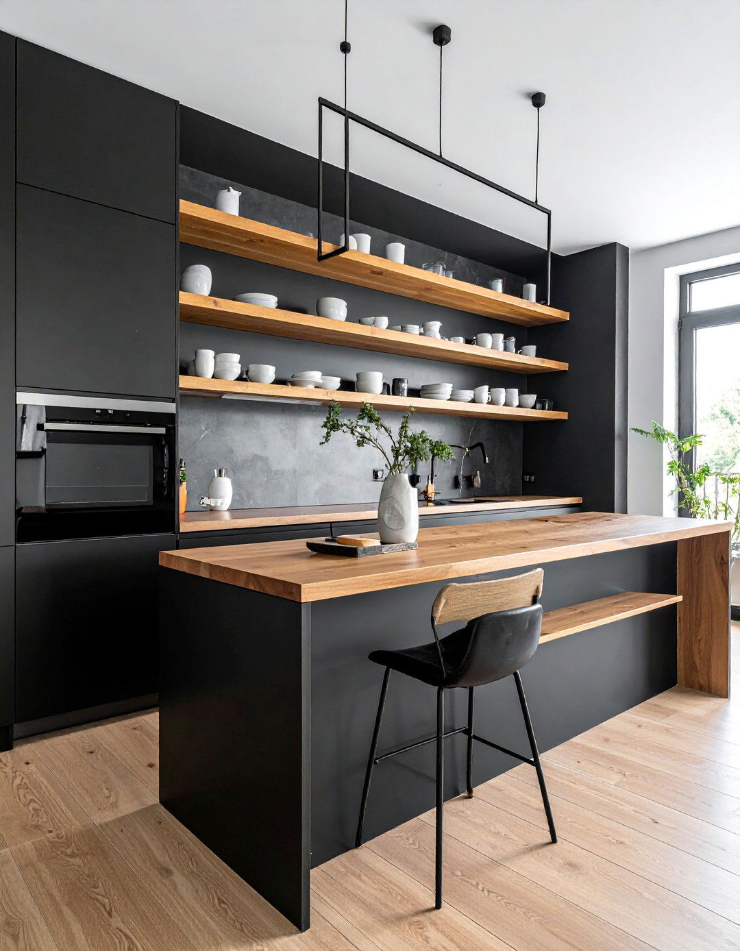 Open Shelving with Black Lower Cabinets and Wood Counters - 25 Stunning Kitchen Ideas with Black Cabinets & Wood Countertops