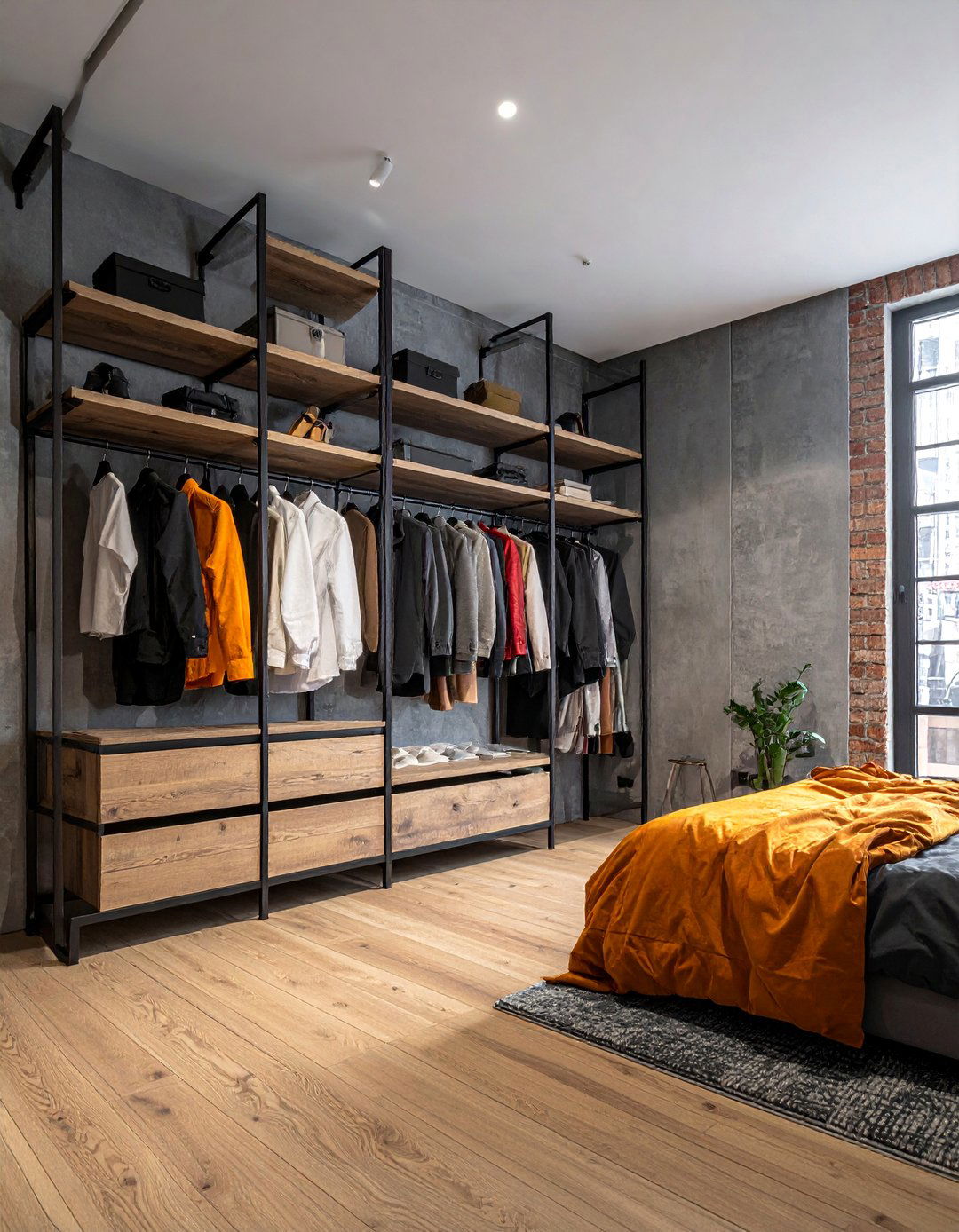 Open Wardrobe with Industrial Metal Pipes - 20 Industrial Bedroom Ideas for a Modern and Edgy Look