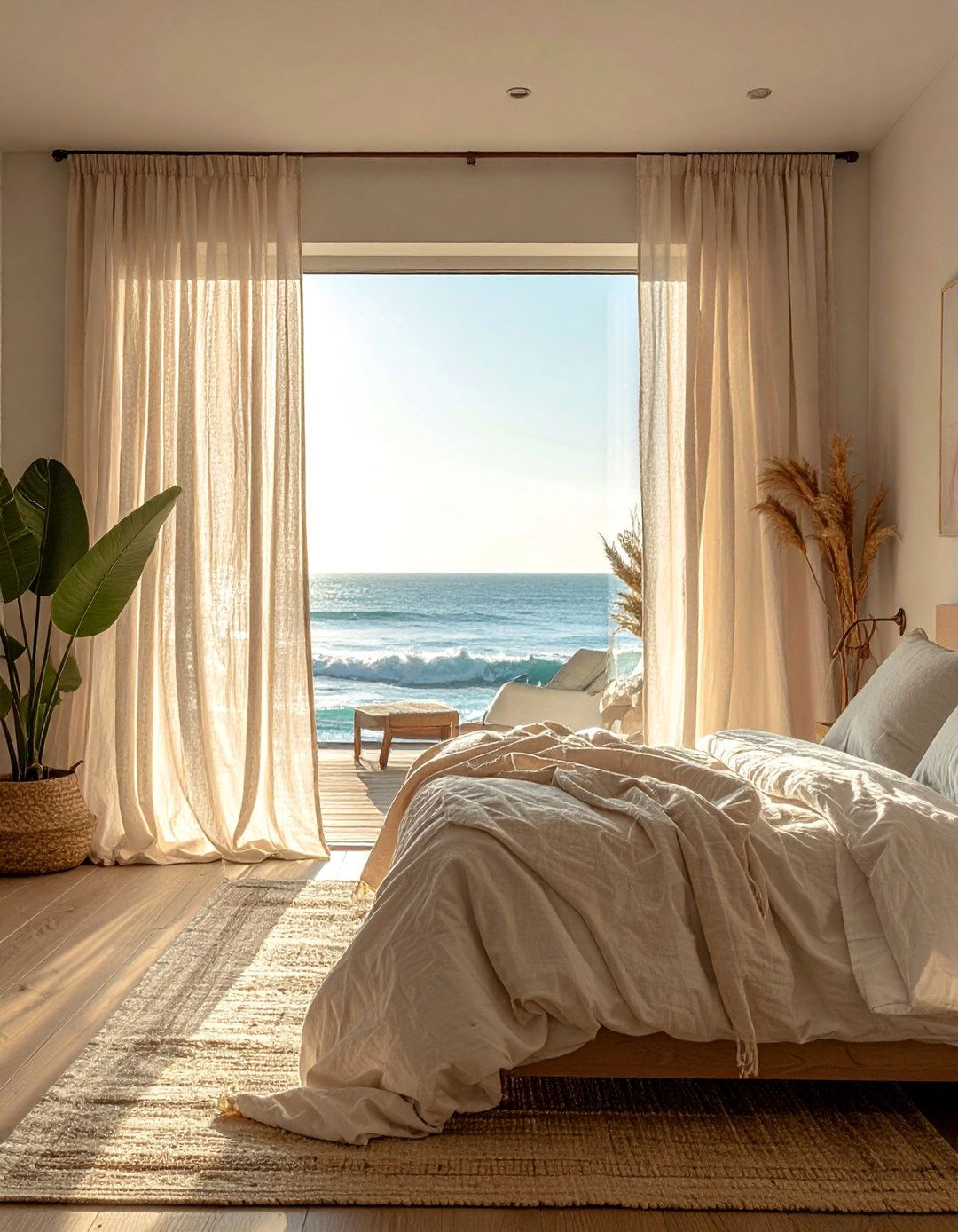Open Weave Linen Curtains in an Ocean themed Bedroom - 40 Ocean-themed Bedroom Ideas for a Serene Retreat