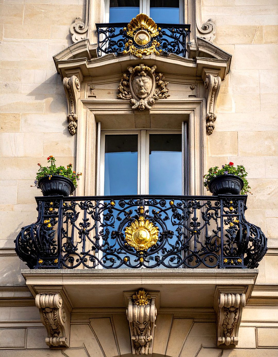 Ornate Gold Accented French Balcony - 25 French Balcony Ideas for a Charming Outdoor Space