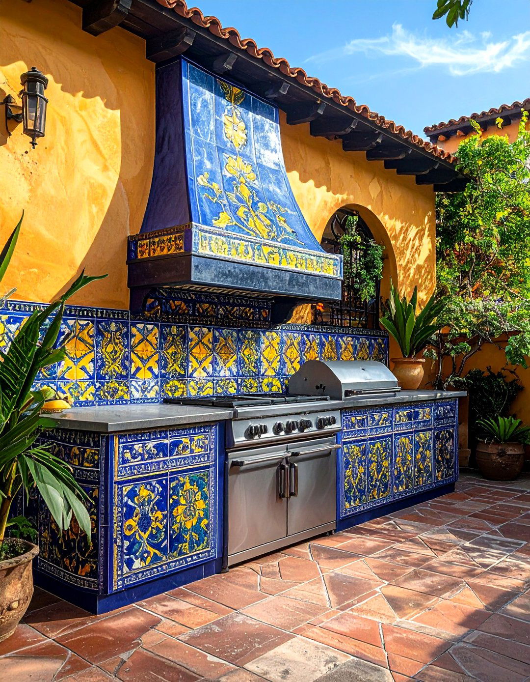 Outdoor Kitchen Featuring a Talavera Tile Backsplash - 20 Spanish Style Outdoor Kitchen Ideas for Your Backyard