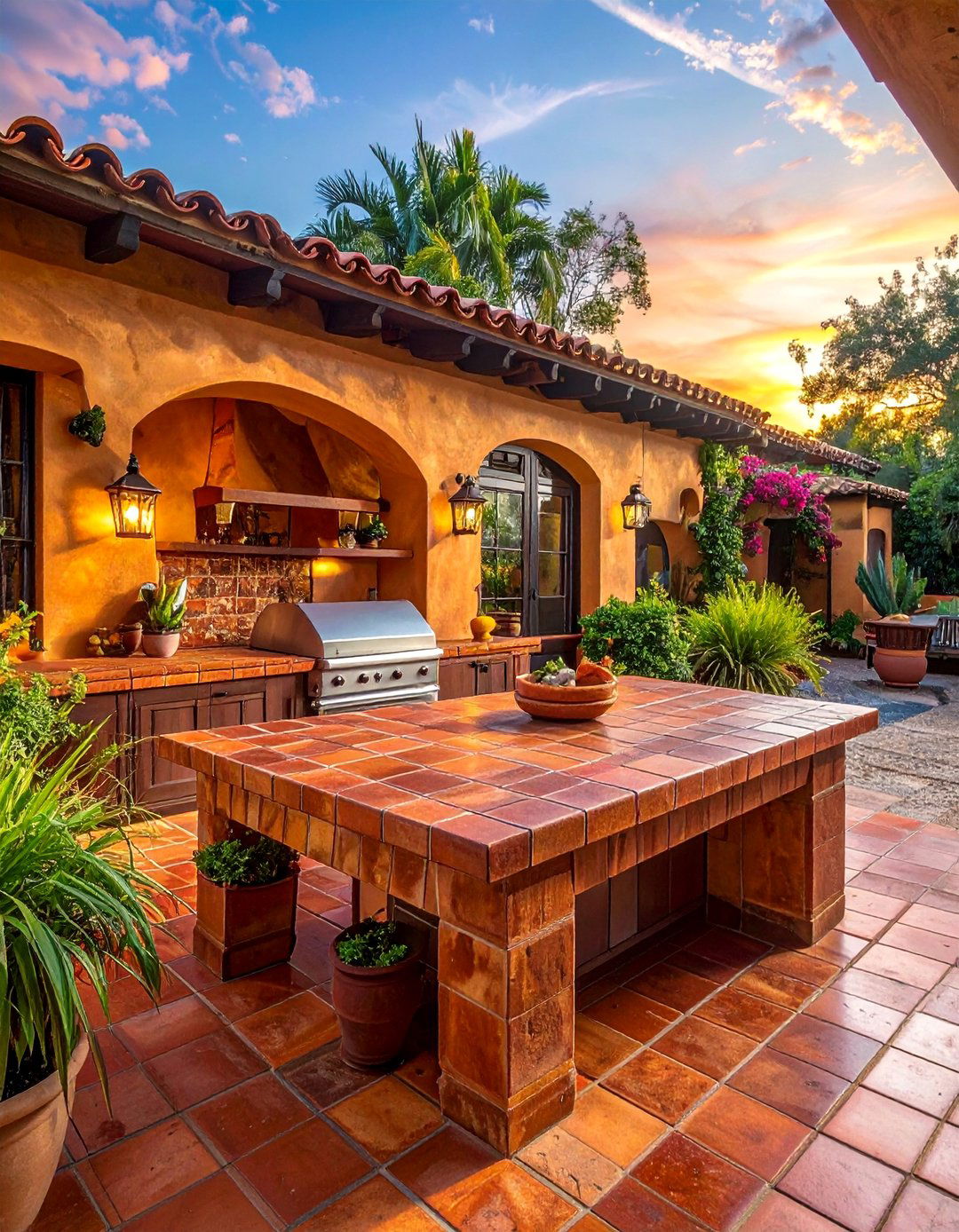 Outdoor Kitchen with Terracotta Tile Countertops - 20 Spanish Style Outdoor Kitchen Ideas for Your Backyard
