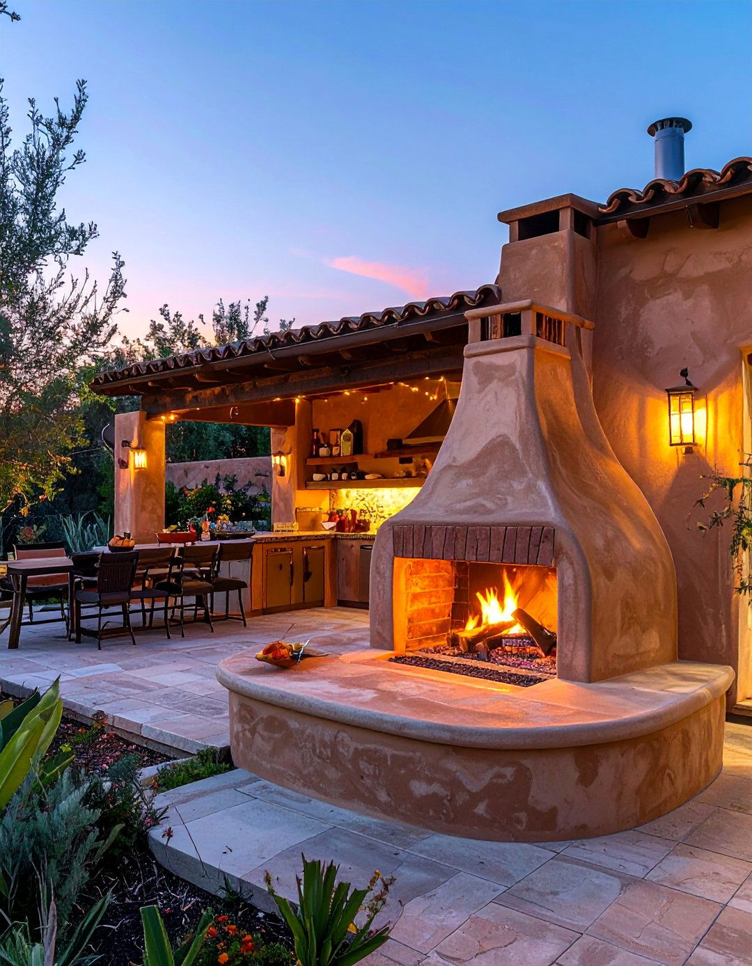 Outdoor Kitchen with a Kiva Style Fireplace - 20 Spanish Style Outdoor Kitchen Ideas for Your Backyard
