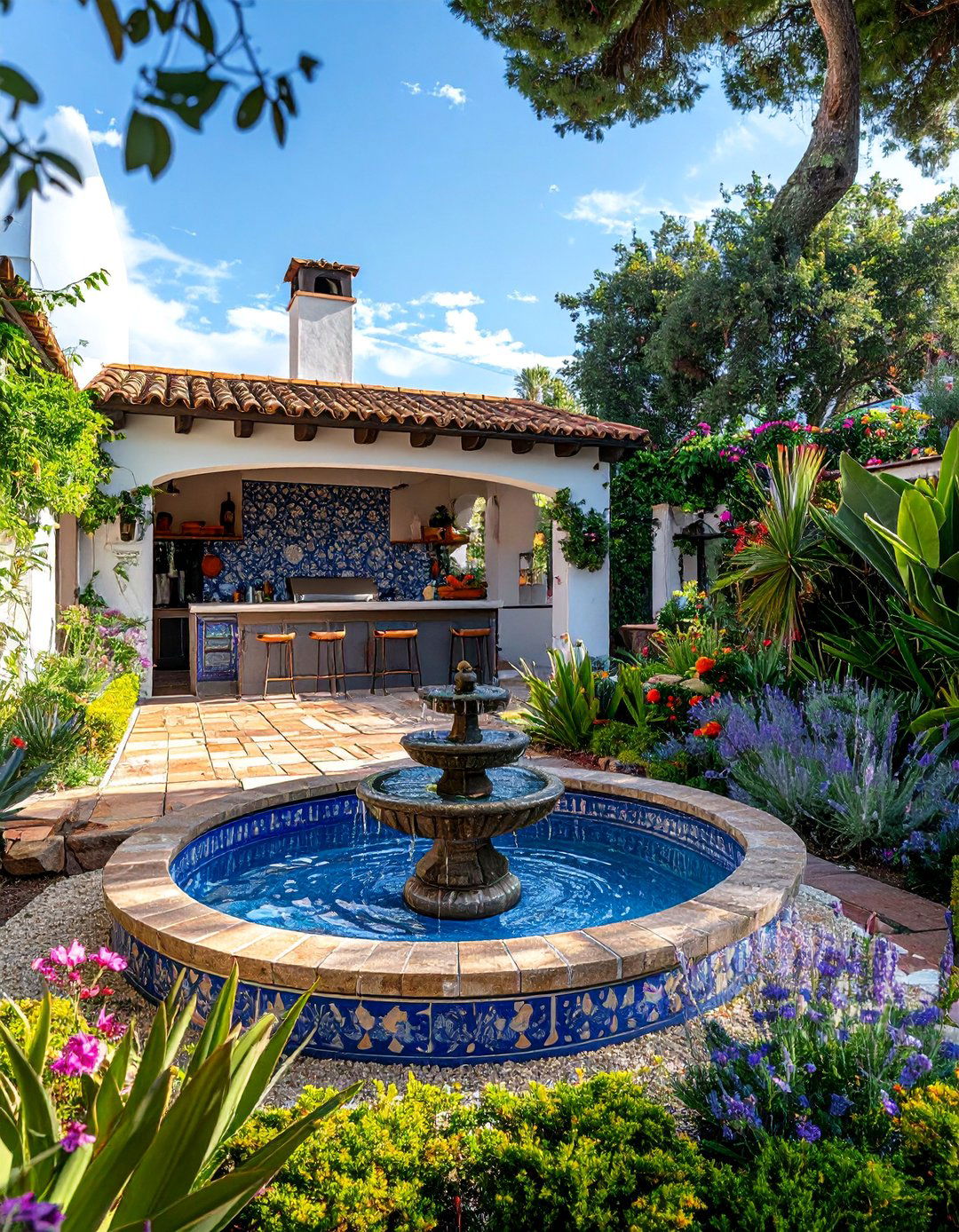 Outdoor Kitchen with a Soothing Water Feature - 20 Spanish Style Outdoor Kitchen Ideas for Your Backyard