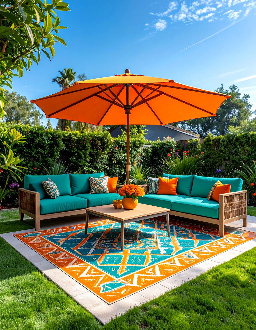 Outdoor Patio with Teal and Orange Furnishings - 20 Teal and Orange Color Scheme Ideas for Your Rooms