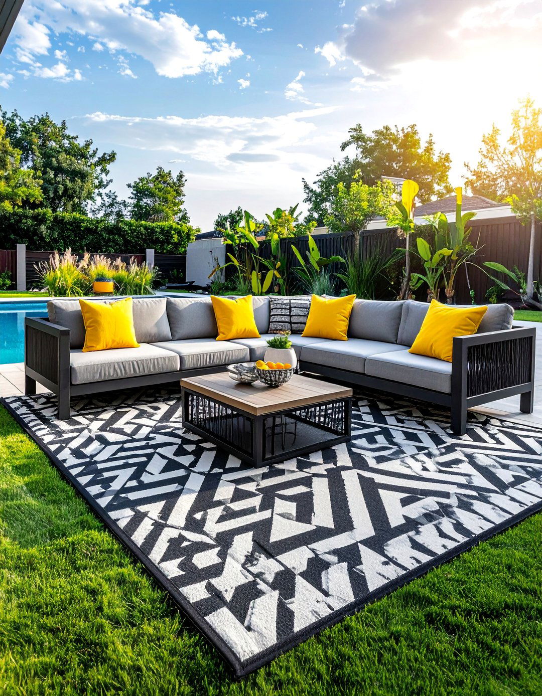Outdoor Rug to Define a Seating Area - 20 Pool Decor Ideas for a Refreshing Outdoor Oasis