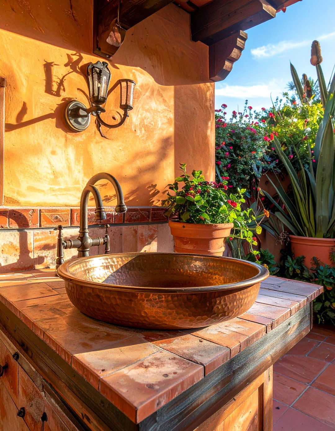 Outdoor Sink Area with an Ornate Faucet - 20 Spanish Style Outdoor Kitchen Ideas for Your Backyard