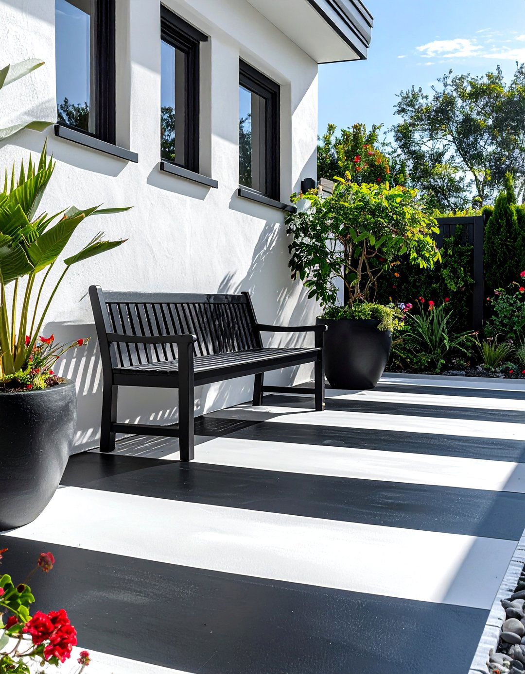 Painted Black and White Concrete Patio - 20 Black and White Patio Ideas for Stylish Outdoor Spaces