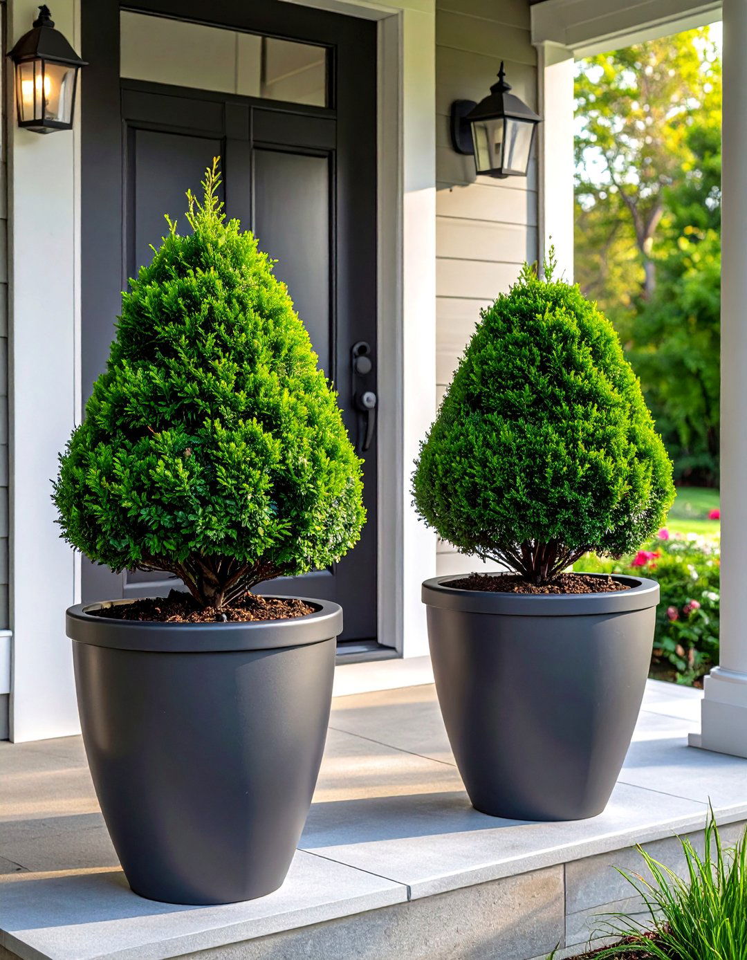 Paired Boxwood Shrubs in Symmetrical Planters - 20 Front Yard Boxwood Shrubs for Elegant Landscaping
