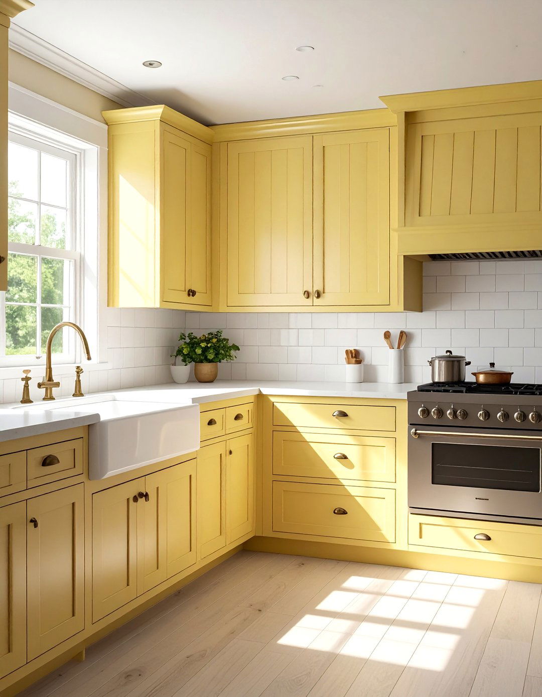 Pale Yellow Farmhouse Kitchen with Apron Sink - 15 Pale Yellow Kitchen Ideas for a Bright and Airy Look