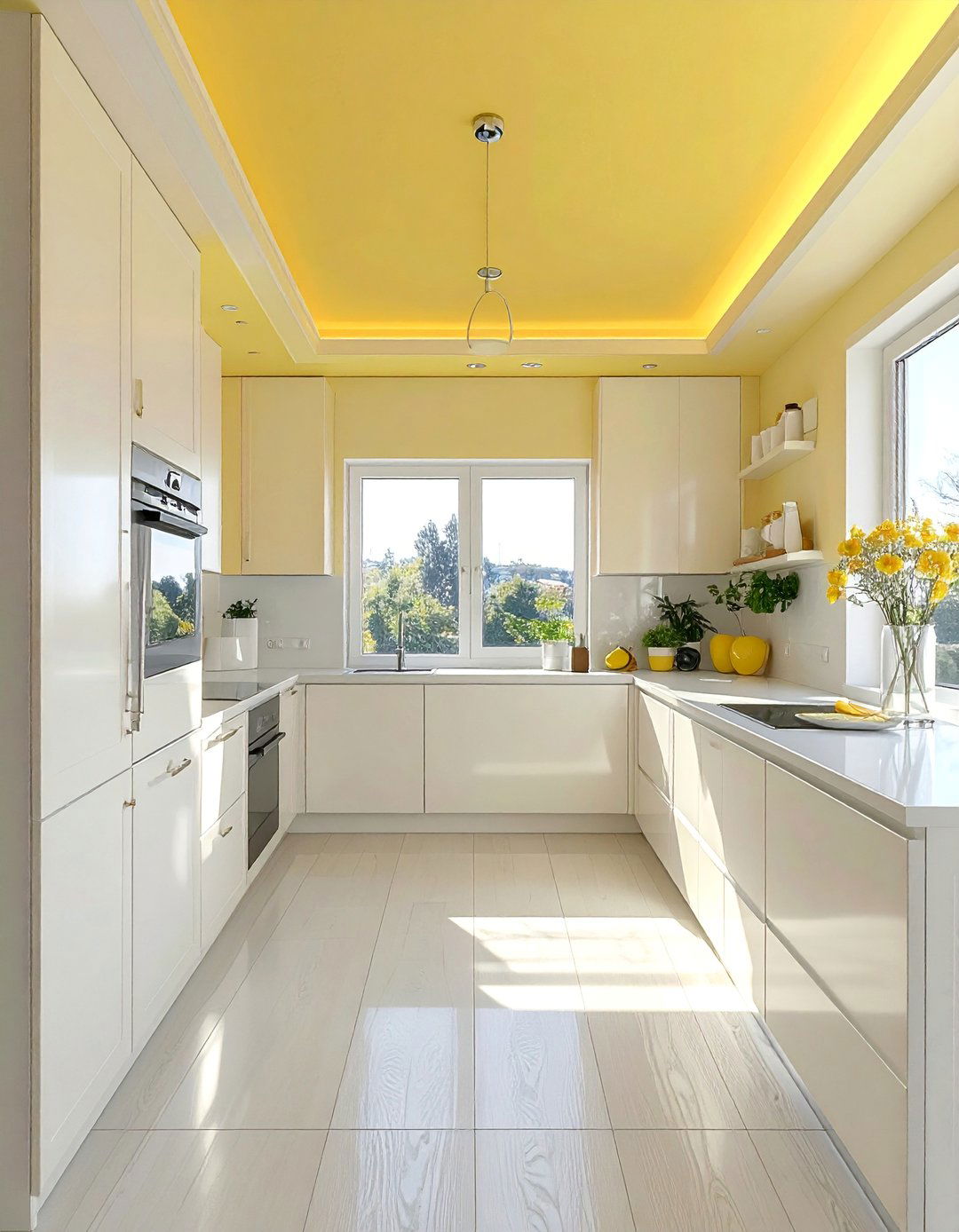 Pale Yellow Kitchen Ceiling as an Accent - 15 Pale Yellow Kitchen Ideas for a Bright and Airy Look