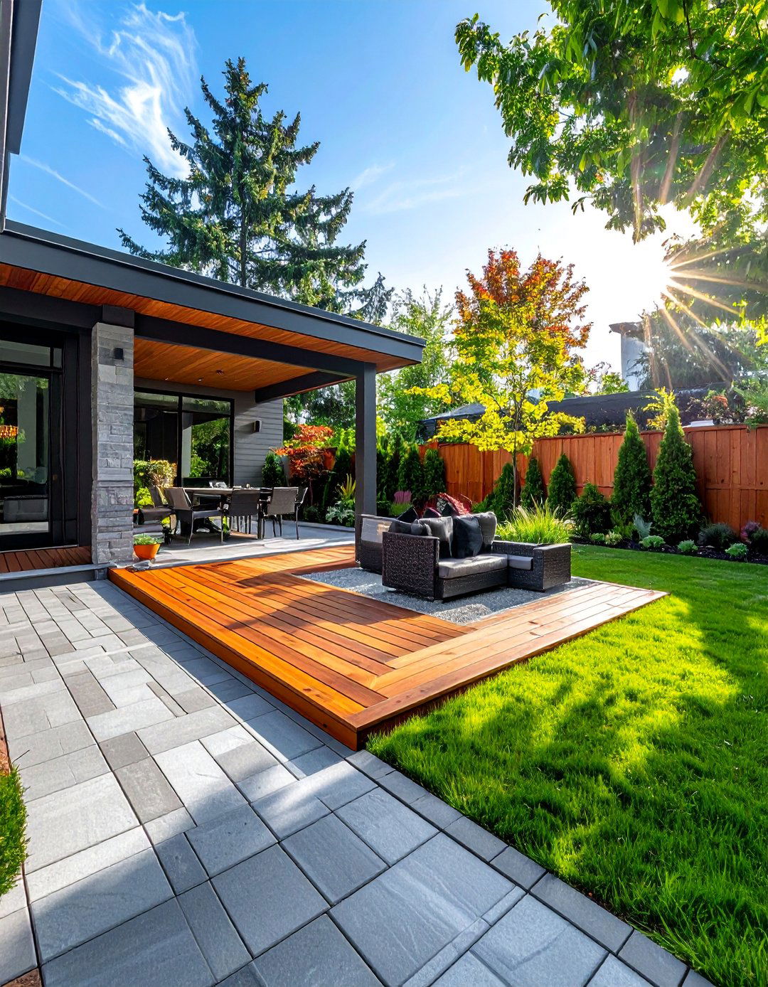 Paver Patio Transition to a Wooden Deck - 40 Beautiful Paver Patio Ideas for Outdoor Living