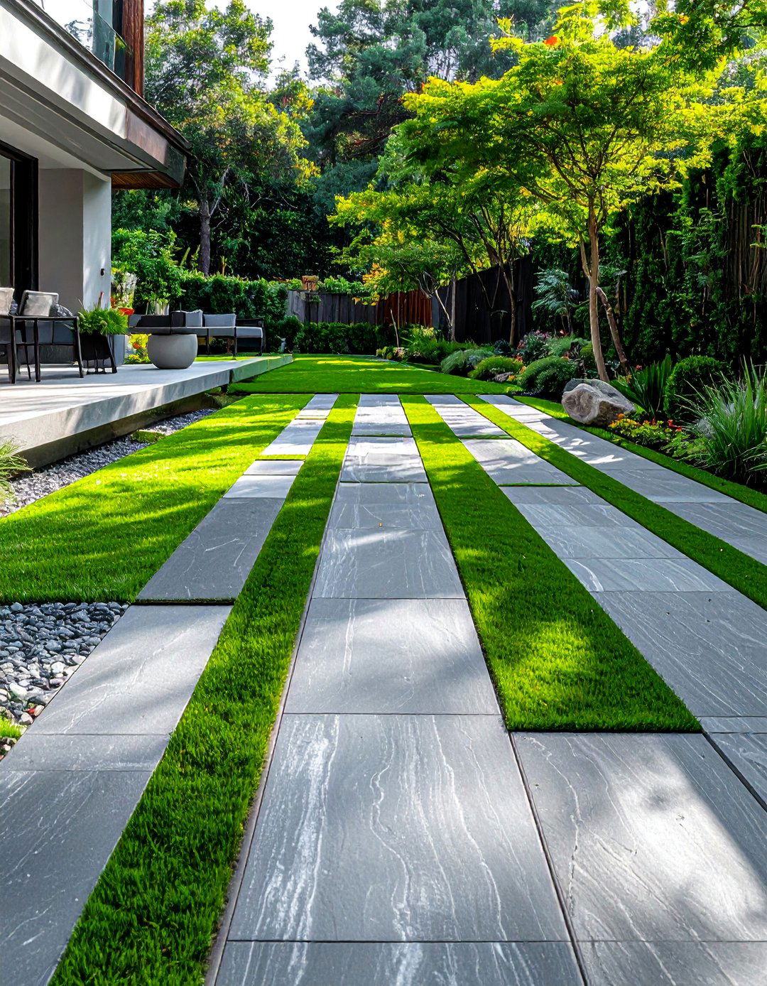 Paver Patio with Artificial Grass Inlays - 40 Beautiful Paver Patio Ideas for Outdoor Living