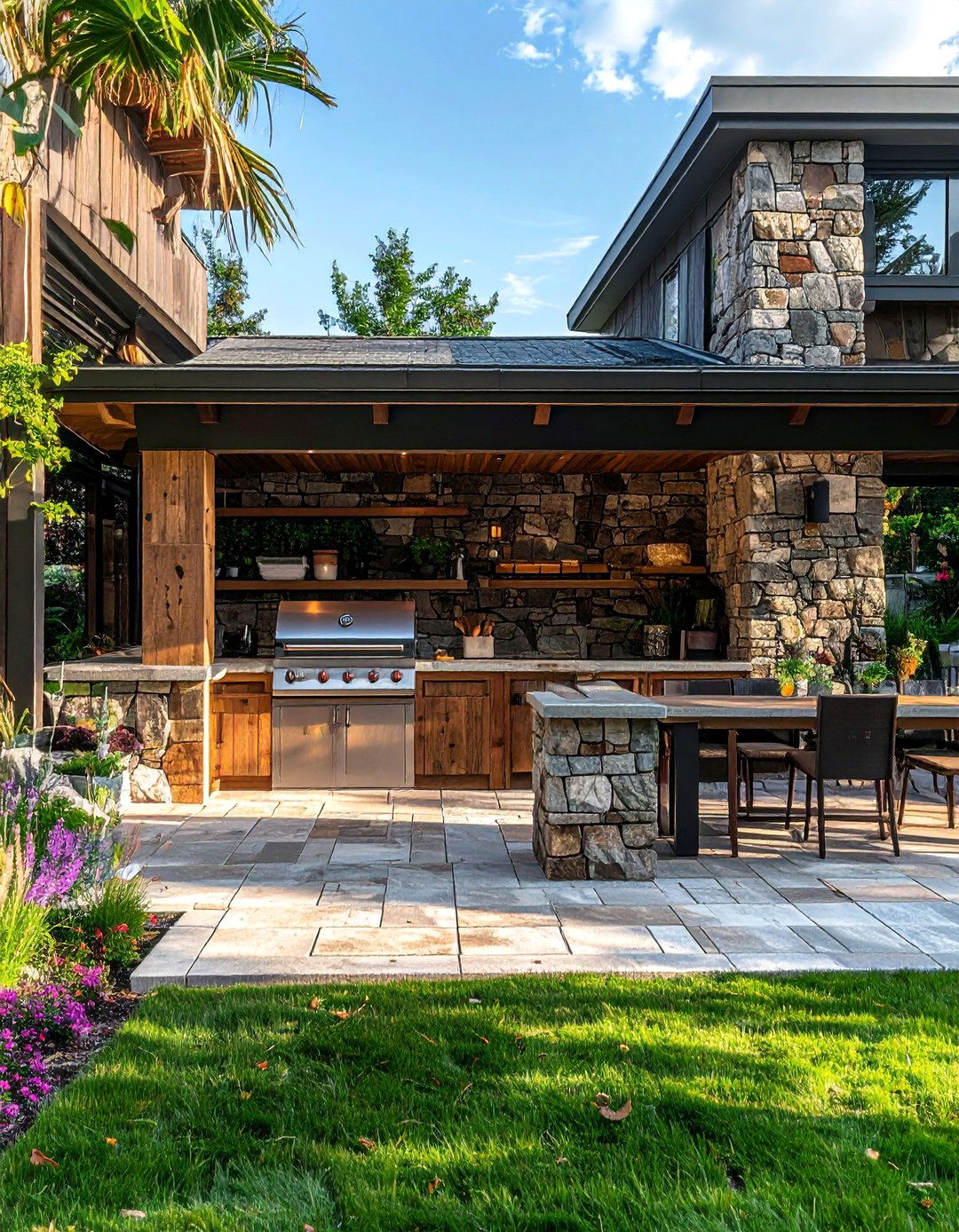 Paver Patio with a Rustic Stone Grilling Station - 40 Beautiful Paver Patio Ideas for Outdoor Living