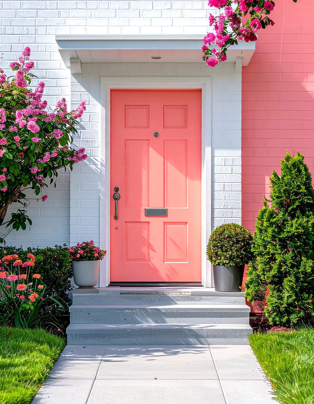 Peachy Pink Front Door with Chrome Fixtures - 20 Pink Front Door Ideas for a Charming Entrance