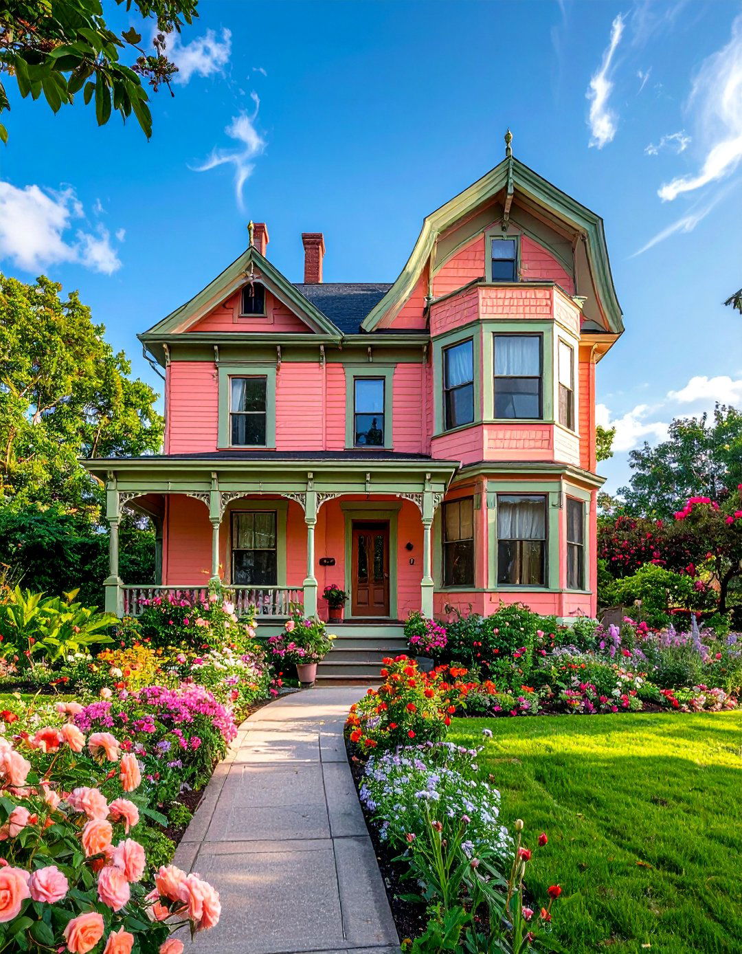 Peachy Pink Victorian House with Sage Green Trim - 25 Pink Victorian House Ideas for a Charming Home