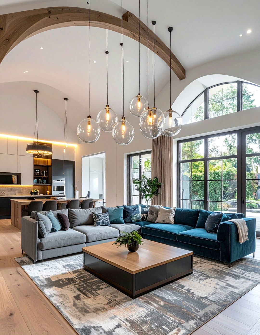 Pendant Lights Hung at Varying Heights from a Vaulted Ceiling - 25 Living Room Vaulted Ceiling Ideas for Spacious Charm