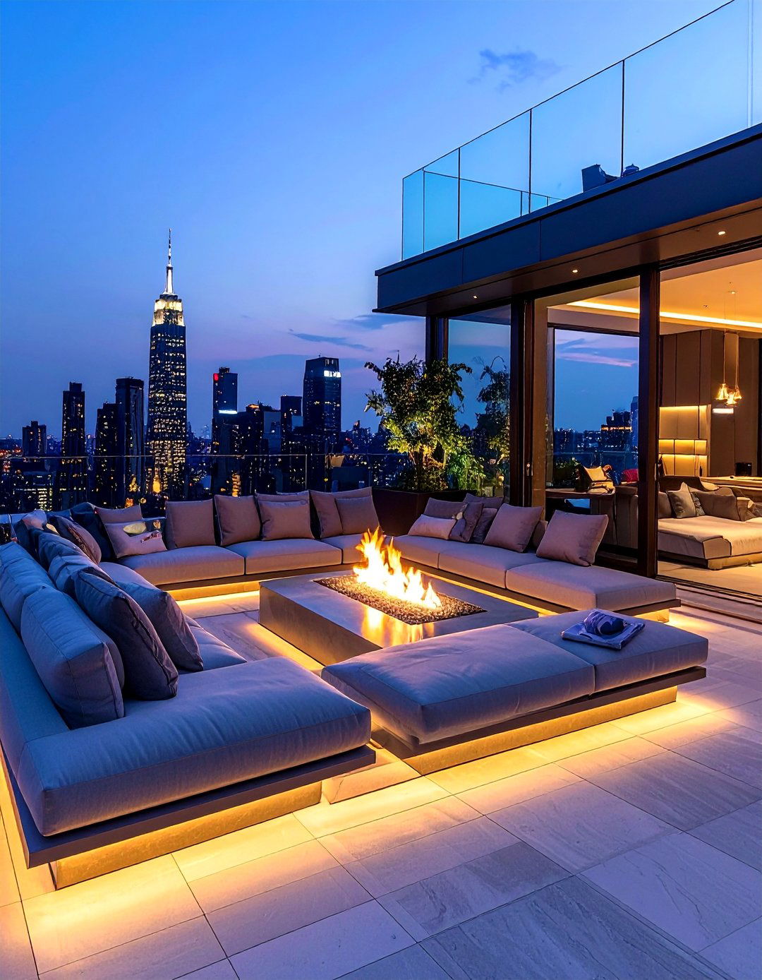 Penthouse Balcony with a Glass Fire Pit Lounge - 20 Penthouse Balcony Ideas for Urban Outdoor Living