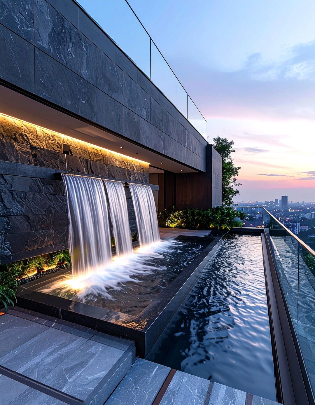 Penthouse Balcony with a Water Feature Wall - 20 Penthouse Balcony Ideas for Urban Outdoor Living