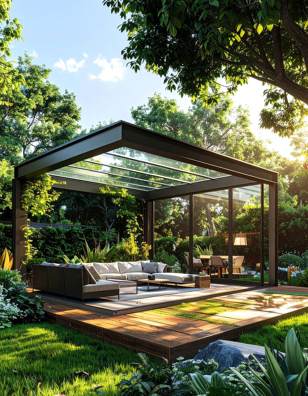 Pergola with Glass Roof Panels - 20 Modern Pergola Ideas for a Stunning Outdoor Space