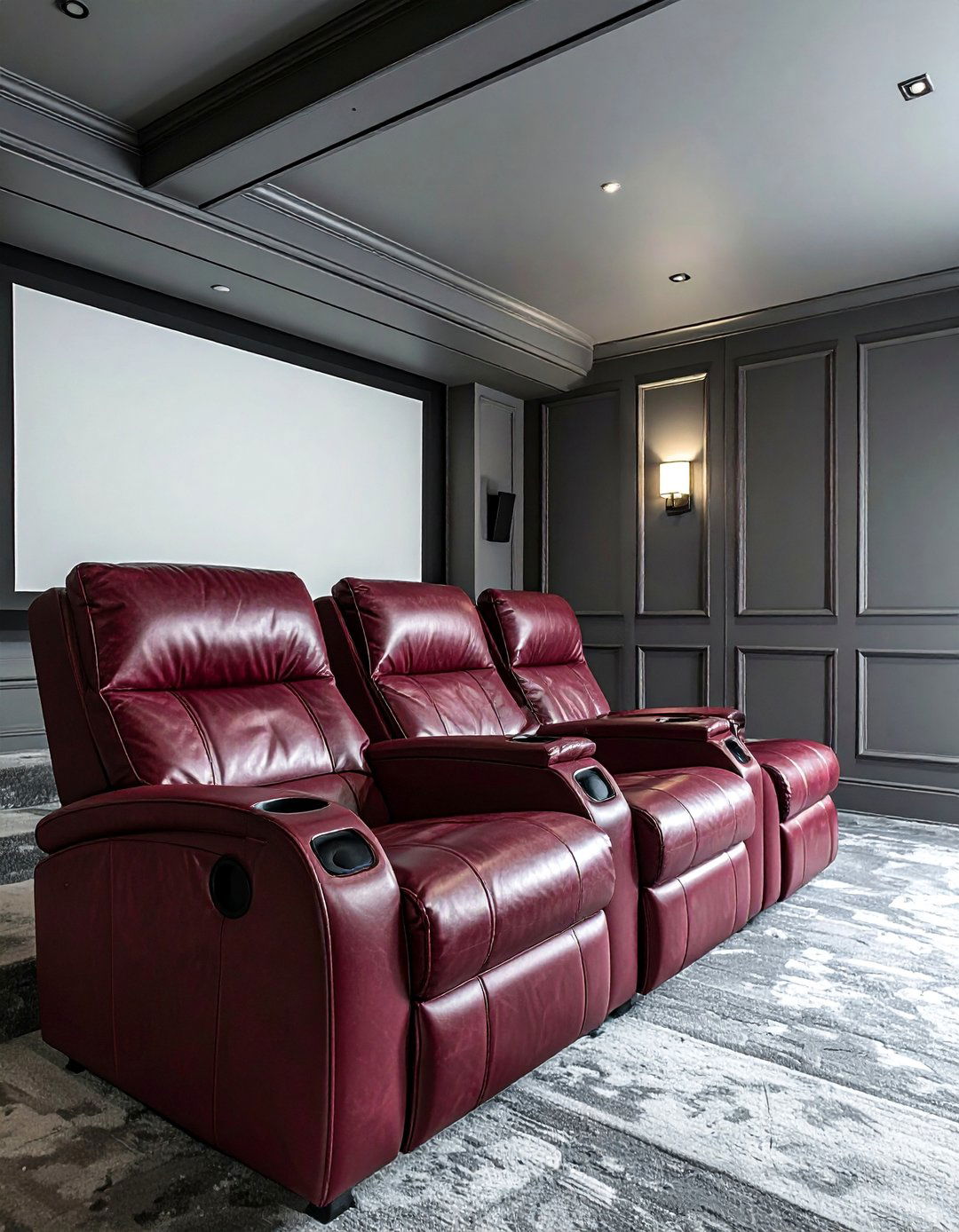 Pewter Gray with Rich Burgundy Seating - 20 Gray Home Theater Paint Color Schemes