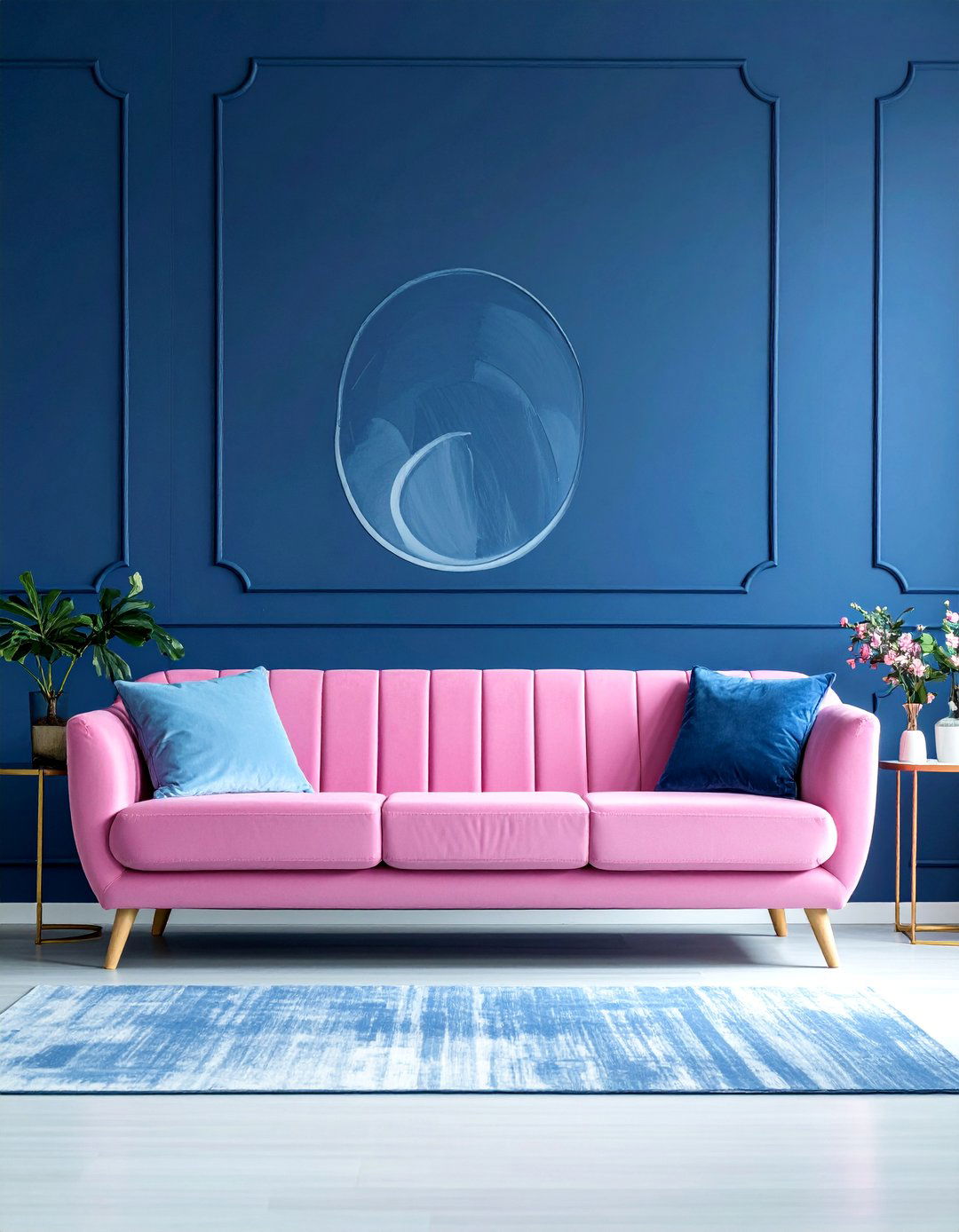 Pink Couch Paired with Cool Blue Tones - 20 Pink Couch Living Room Ideas for a Bold Look