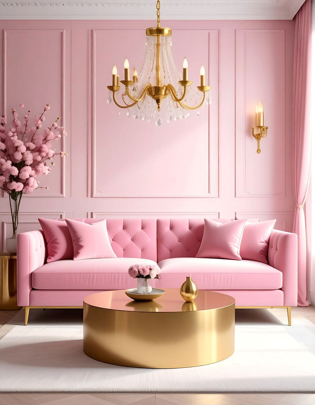 Pink Couch and Warm Metallic Accents - 20 Pink Couch Living Room Ideas for a Bold Look