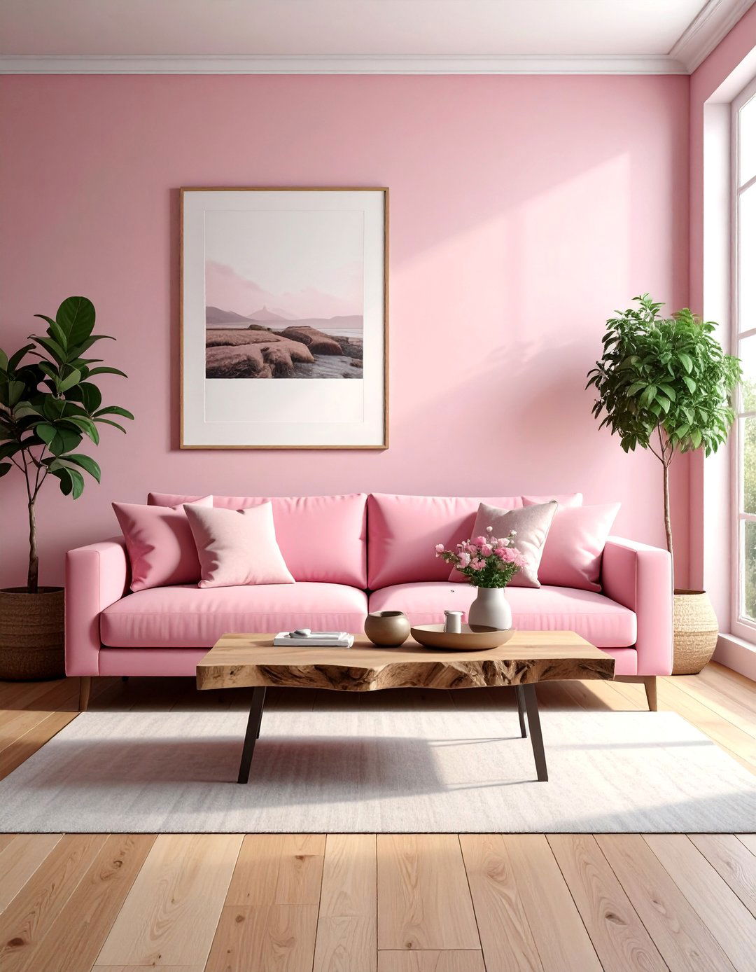 Pink Couch with Natural Wood Elements - 20 Pink Couch Living Room Ideas for a Bold Look