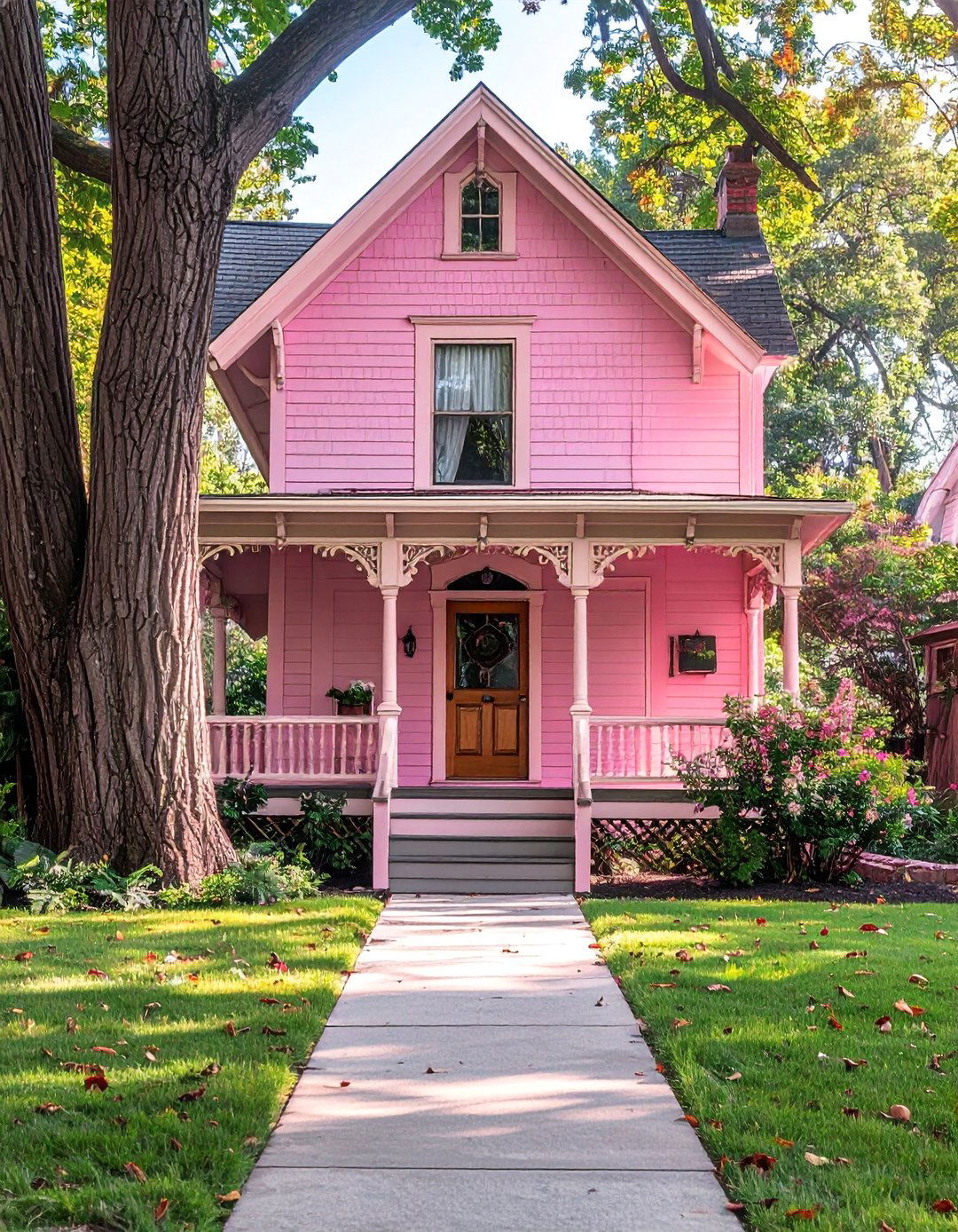 Pink Victorian House with Natural Wood Details - 25 Pink Victorian House Ideas for a Charming Home