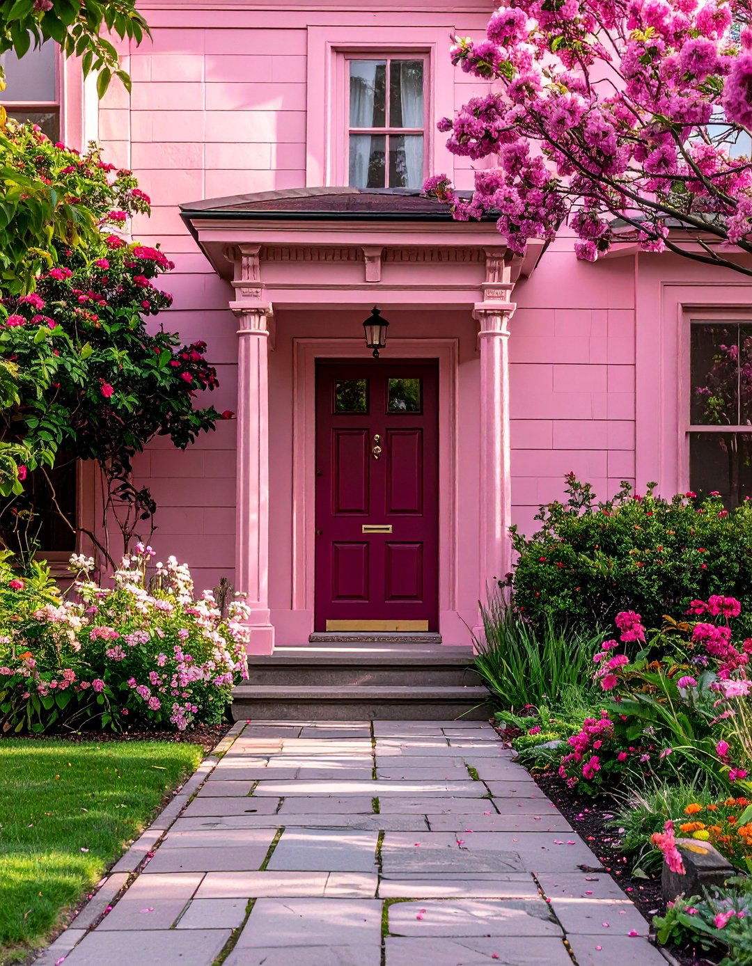 Pink Victorian House with a Burgundy Front Door - 25 Pink Victorian House Ideas for a Charming Home