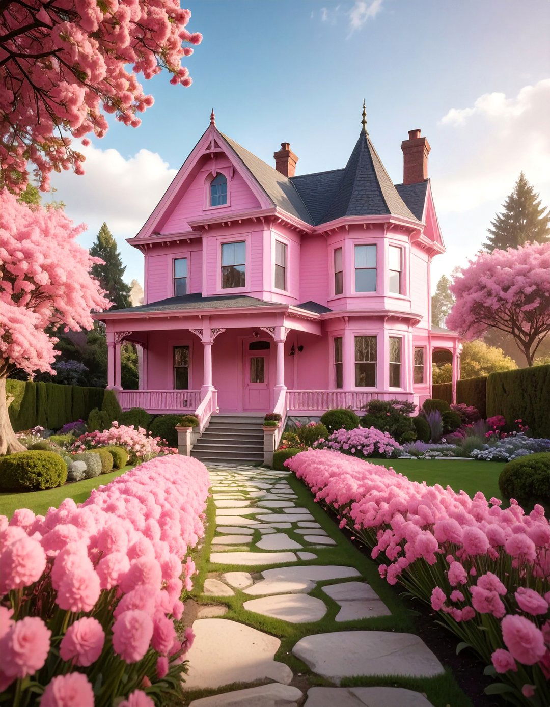 Pink Victorian House with a Stone Foundation - 25 Pink Victorian House Ideas for a Charming Home